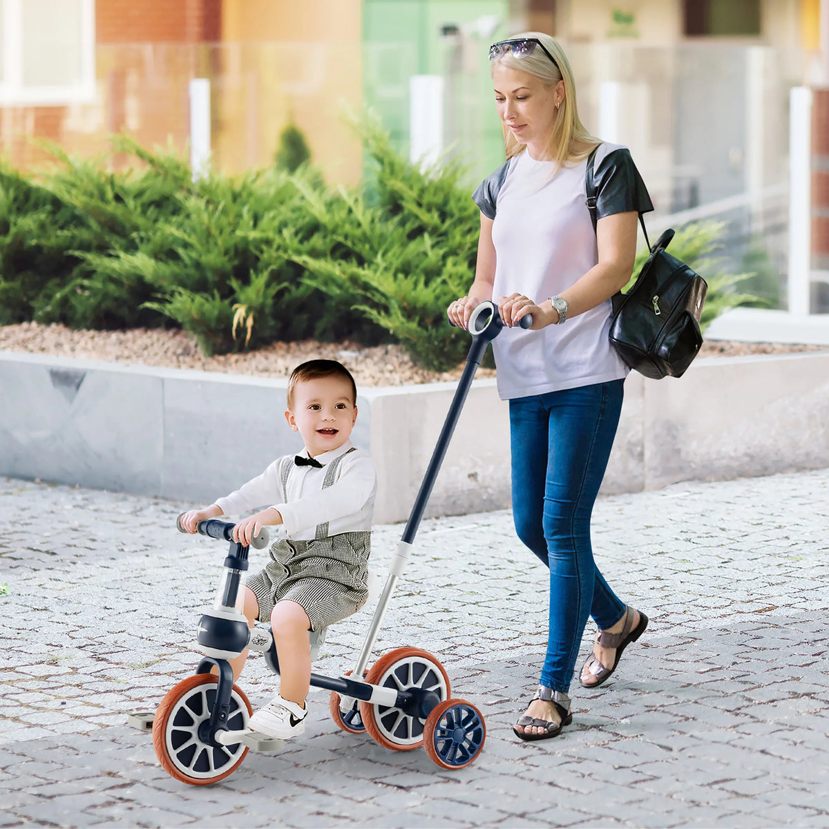 4 in 1 Kids Tricycles with Push Handle & Training Wheels Navy J42007