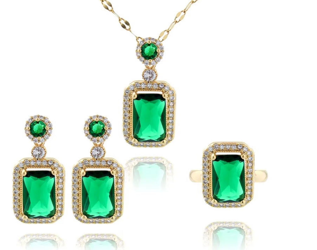 3Pcs/Set Iced Out Cubic Zirconia Green Gemstone Ring Necklace Earrings Gold Plated Jewelry Sets P467293