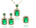 3Pcs/Set Iced Out Cubic Zirconia Green Gemstone Ring Necklace Earrings Gold Plated Jewelry Sets P467293