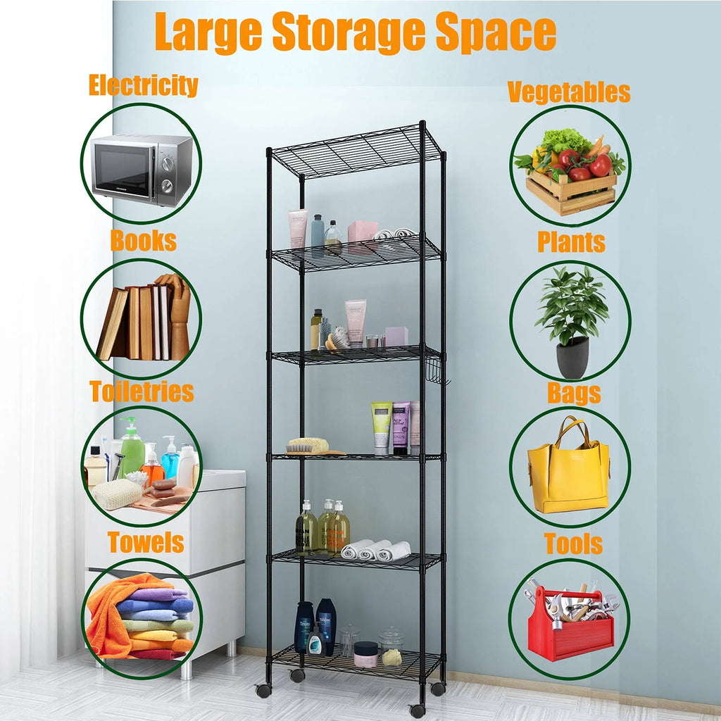 6 Shelves Wire Metal Heavy Duty Shelving Rack with Wheel, Silver Z688811