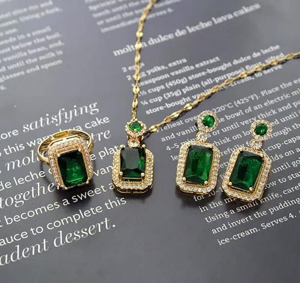3Pcs/Set Iced Out Cubic Zirconia Green Gemstone Ring Necklace Earrings Gold Plated Jewelry Sets P467293