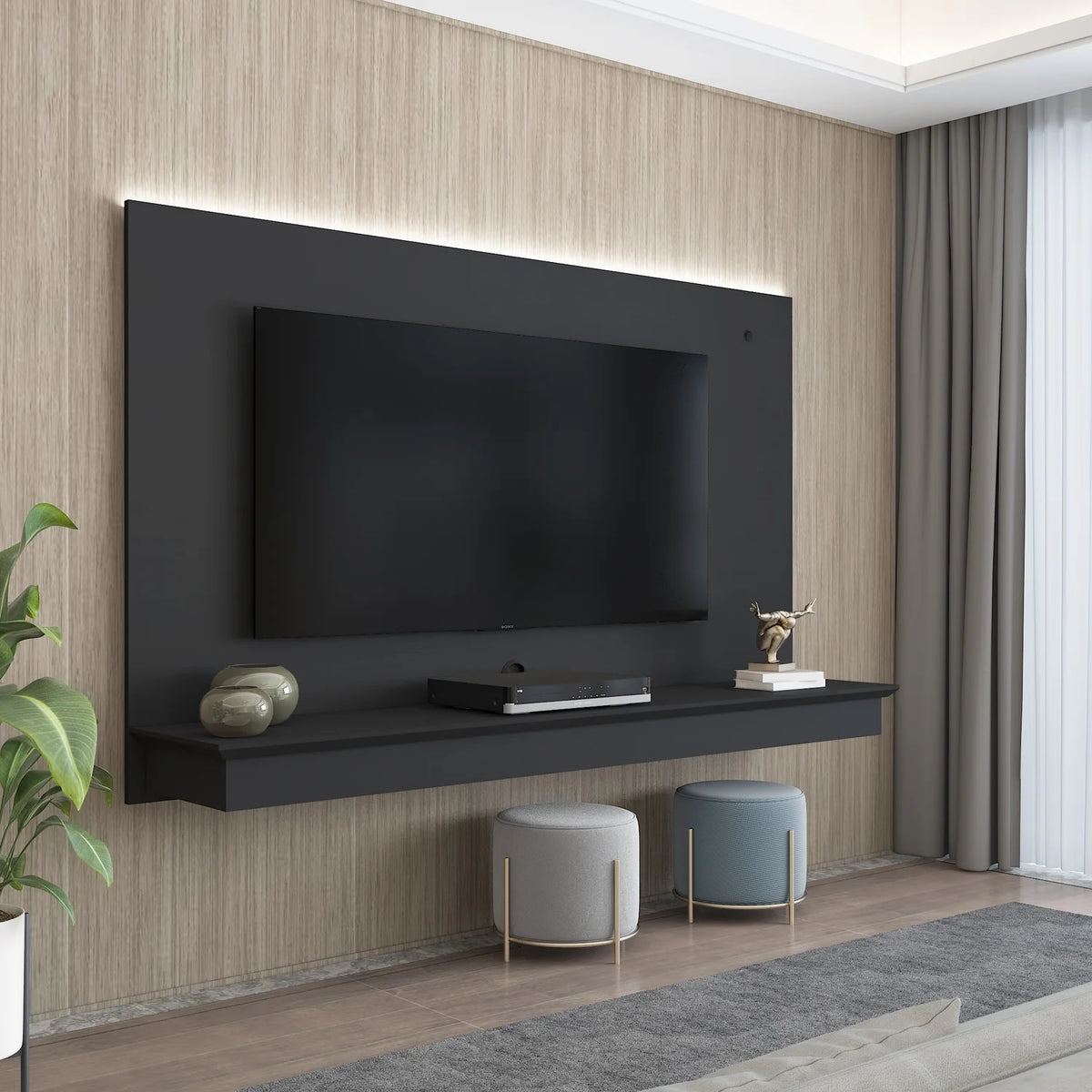 Black Floating TV Stand with LED Strip and Shelf X6818