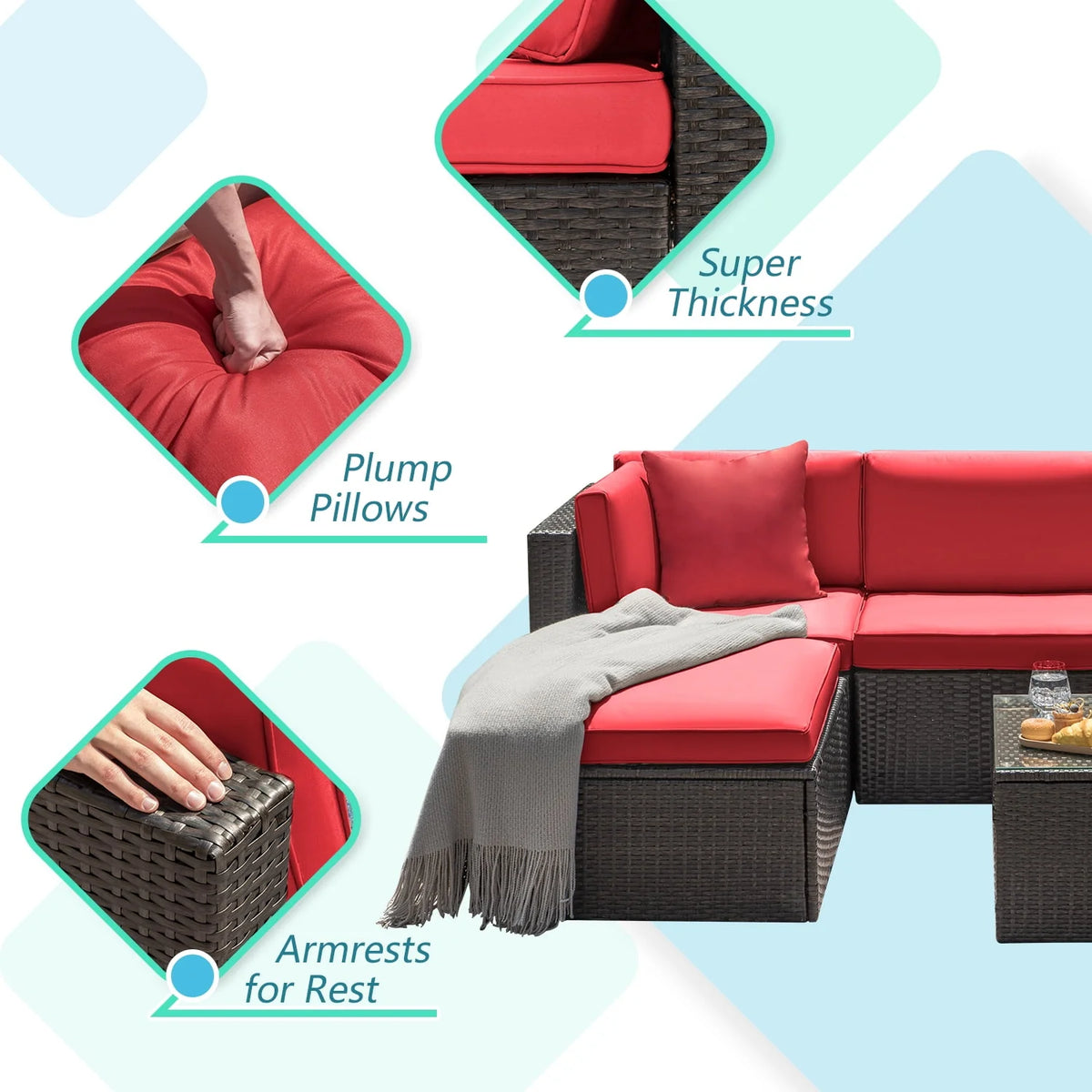 5 Pieces PE Rattan Wicker Patio Sectional Set with Table K327236