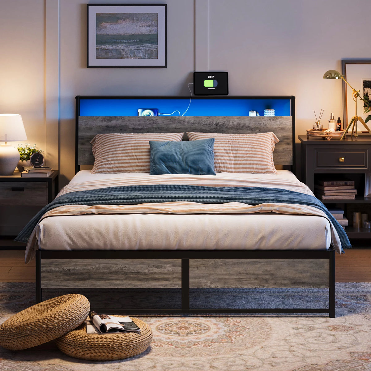 Full Size Platform Bed Frame with Headboard and Storage Shelves V730