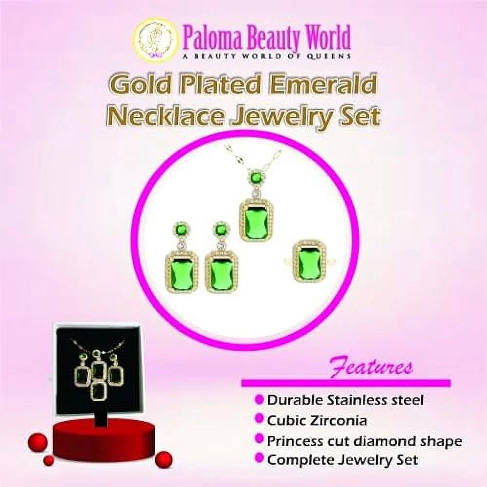 3Pcs/Set Iced Out Cubic Zirconia Green Gemstone Ring Necklace Earrings Gold Plated Jewelry Sets P467293