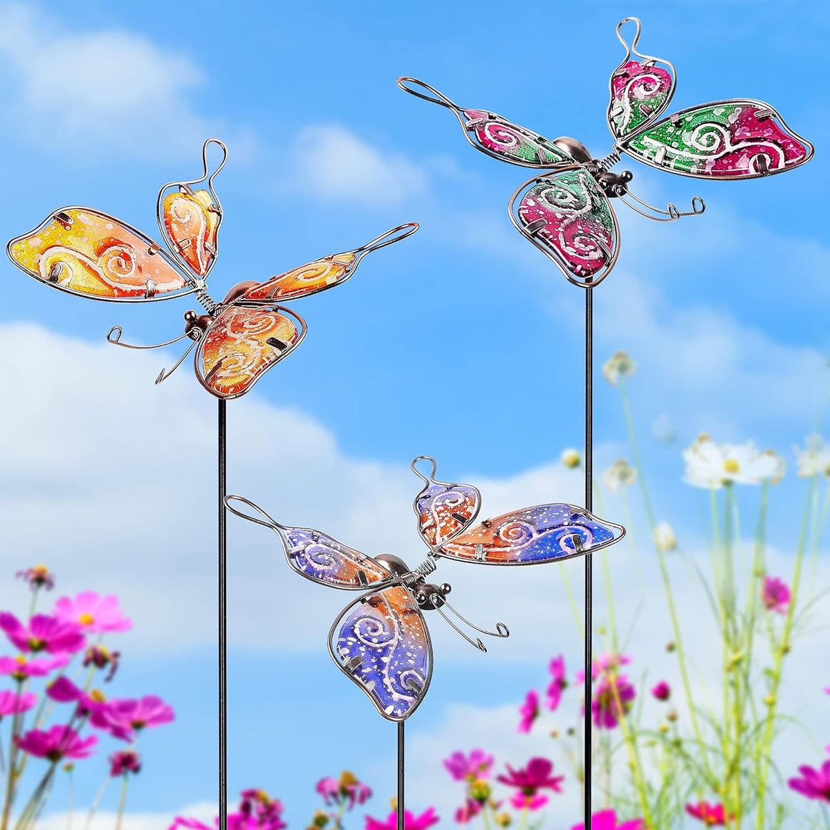 Set of 3 Glass & Metal Butterfly Garden Stakes Z4320