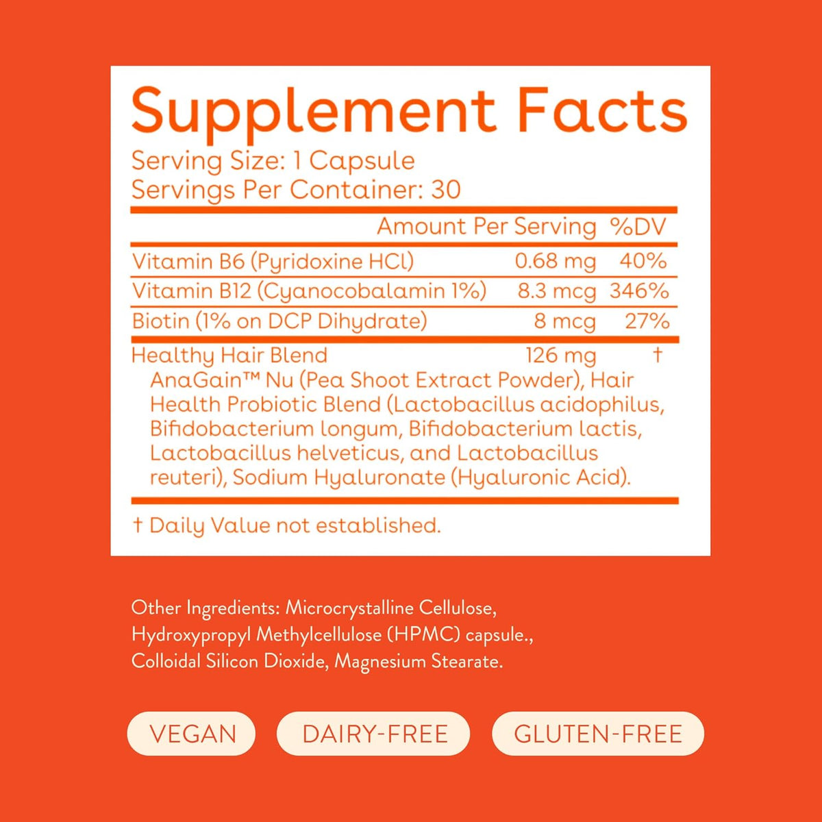 Healthy Hair Probiotics Supplement with Biotin and Vitamin B12 & B6 30 Capsules H424734