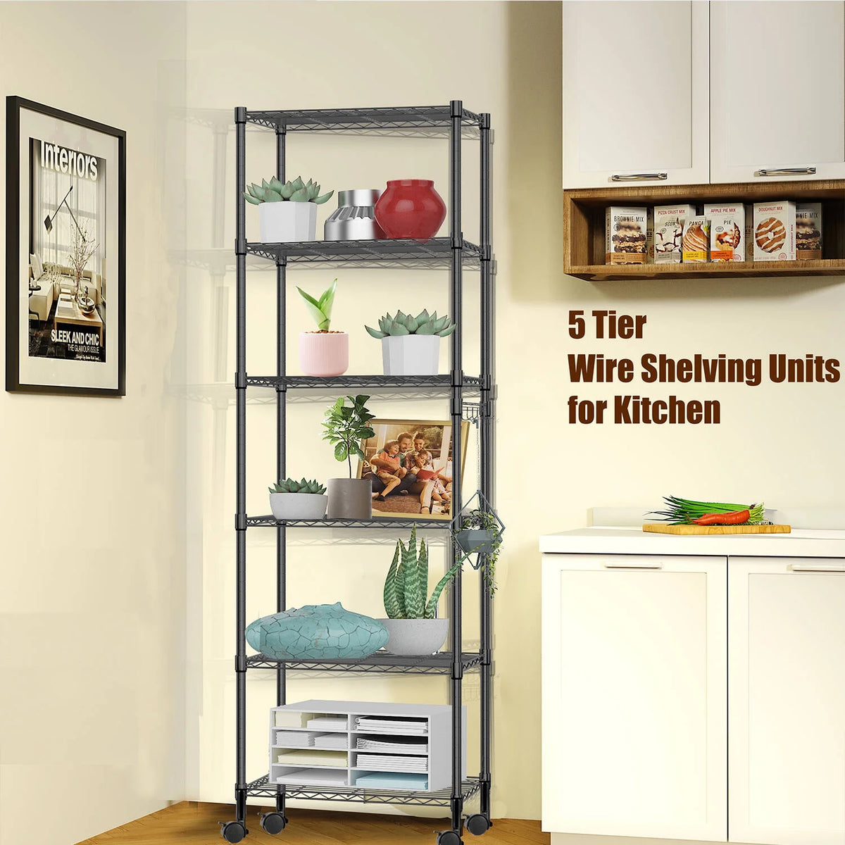 6 Shelves Wire Metal Heavy Duty Shelving Rack with Wheel, Silver Z688811