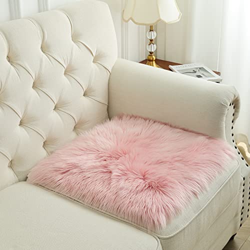 Pink Faux Fur Sheepskin Chair Cover 2 PCs Seat Cushion Pad Area Rugs (1.6ft x 1.6ft) F109