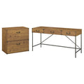 Vintage Golden Pine Writing Desk with Lateral File Cabinet J1988