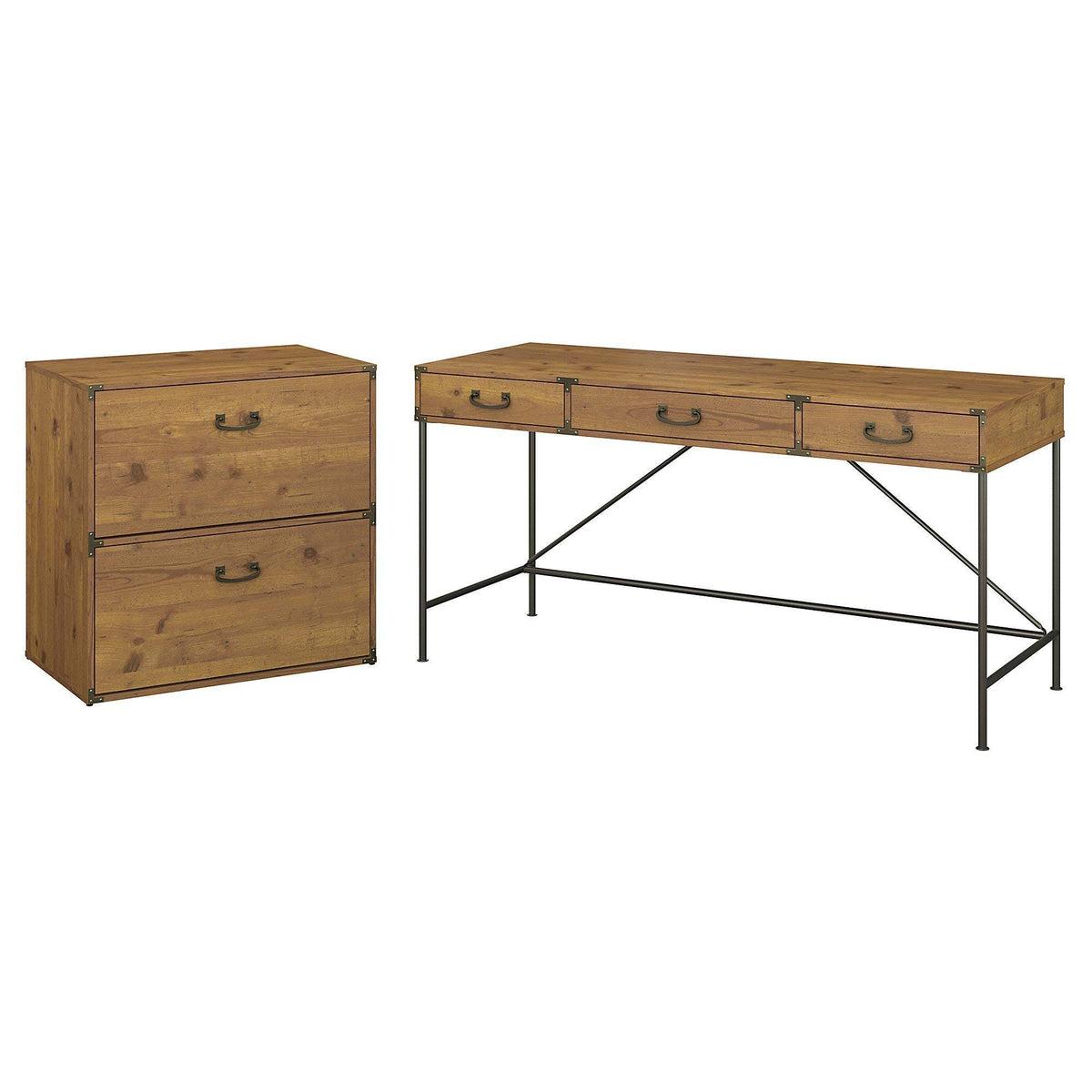Vintage Golden Pine Writing Desk with Lateral File Cabinet J1988