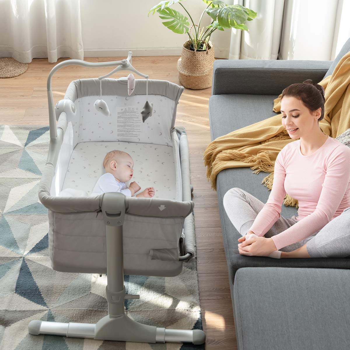 Dark Grey Height Adjustable Portable Baby Bassinet with Breathable Mesh O12870