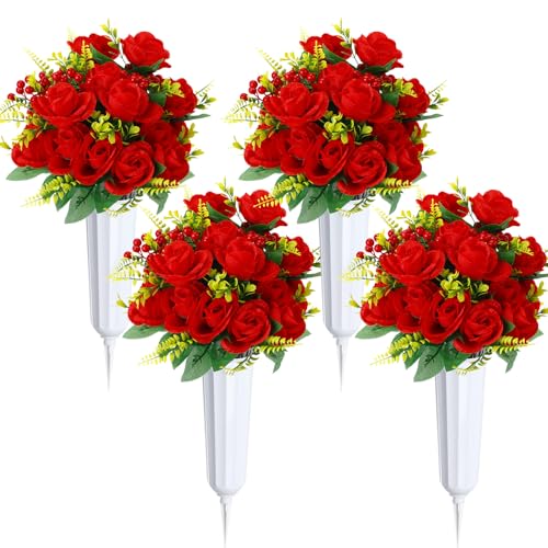 8 Bunches Silk Artificial Rose Bouquet with Grave Vase (White, Red) I2282