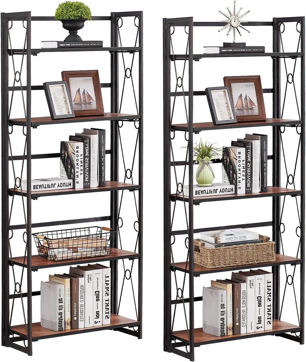 5 Shelf Folding Metal Bookshelf, Set of 2, Dark Brown N512355