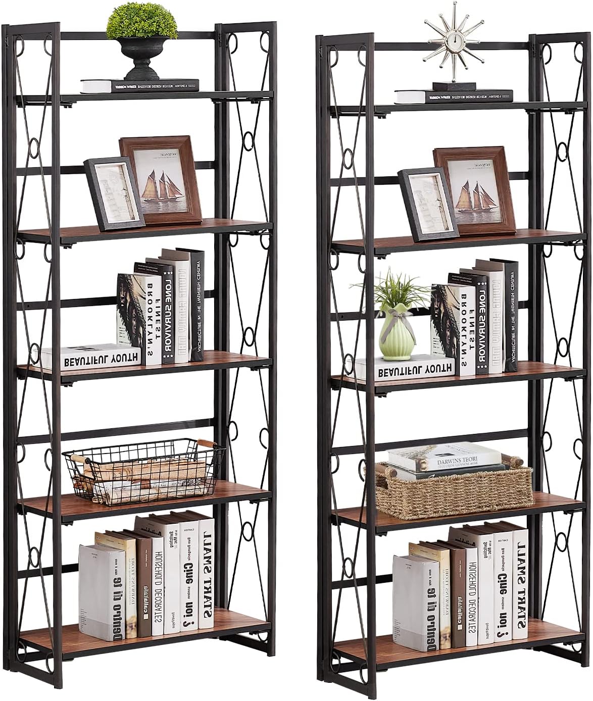 5 Shelf Folding Metal Bookshelf, Set of 2, Dark Brown N512355