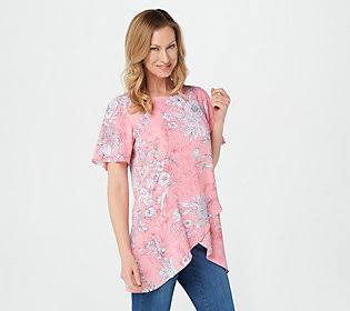 Salmon Printed Woven Crossover Hem Top U5027