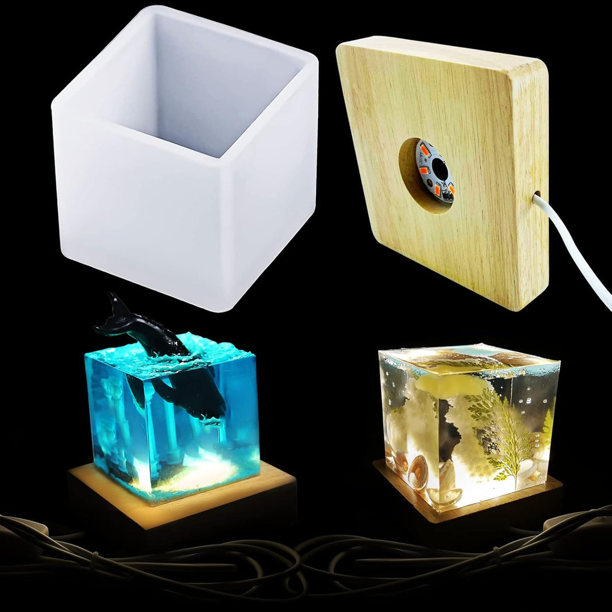 Large Cube LED Silicone Molds with USB Powered Wooden Lighted Base H12078
