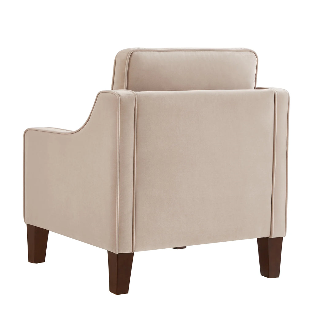 Taupe Velvet Upholstered Armchair with Wooden Legs P3574