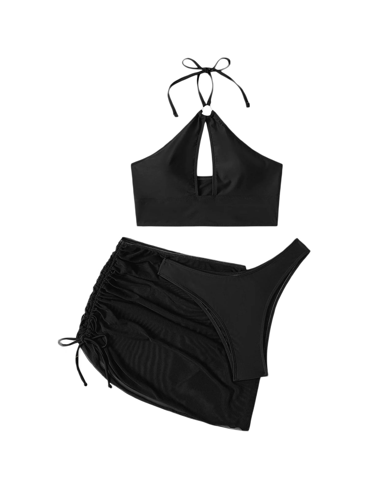 3 Pcs Bikini Set Halter Backless Tie-up Swim Bra Thong with Sarong Skirt Tie-dye Black R87154