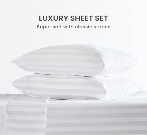 100% Egyptian Cotton King Size 4 Piece Bed Sheet Set White Stripe K2257