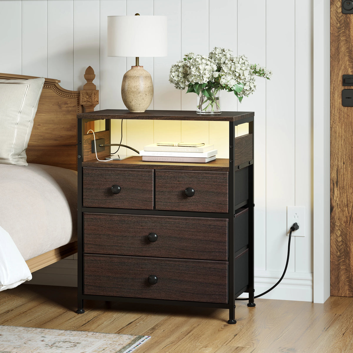 Brown 4 Drawer Nightstand with Charging Station and Led Lights V170125