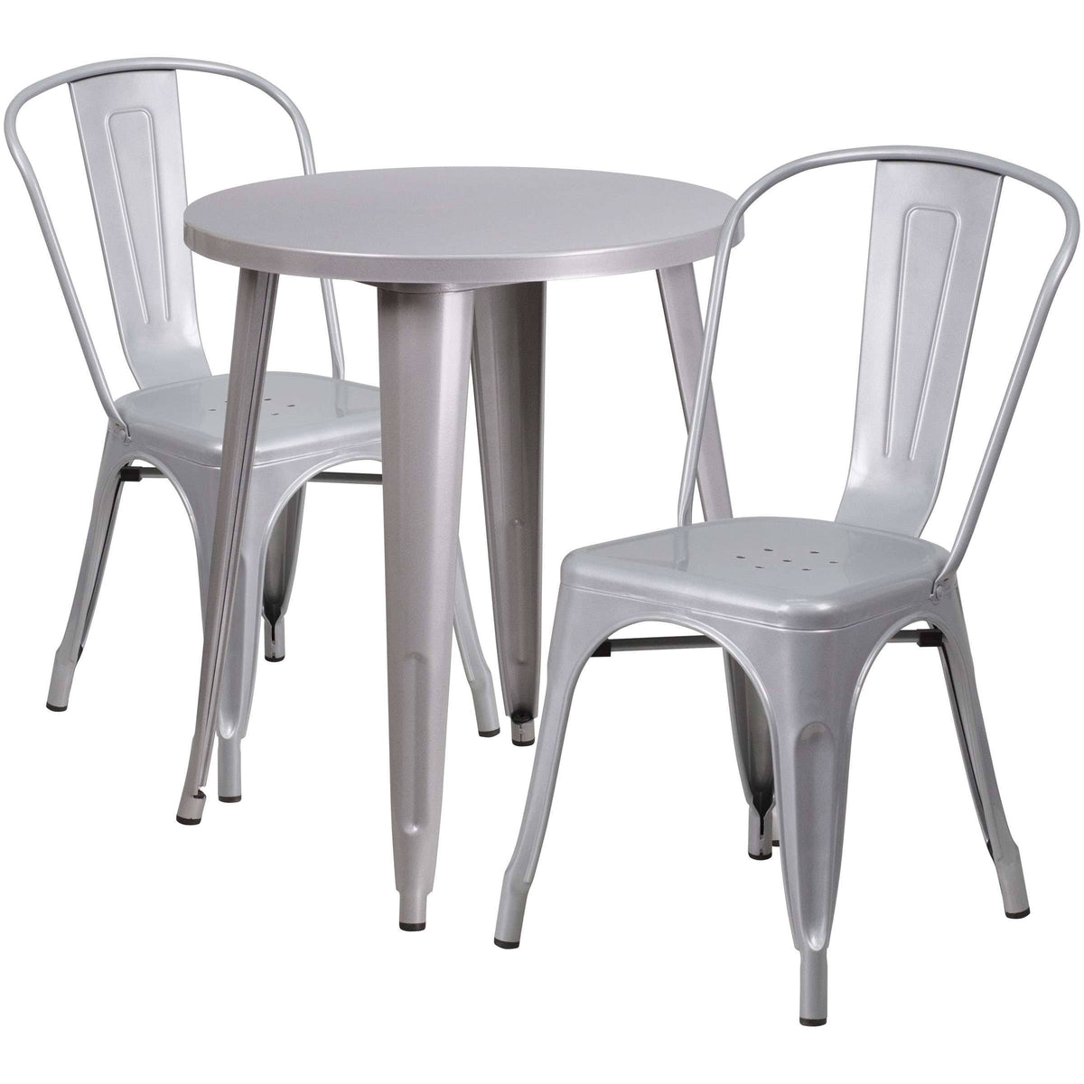 Silver Round Metal Table Set with 2 Cafe Chairs D61387