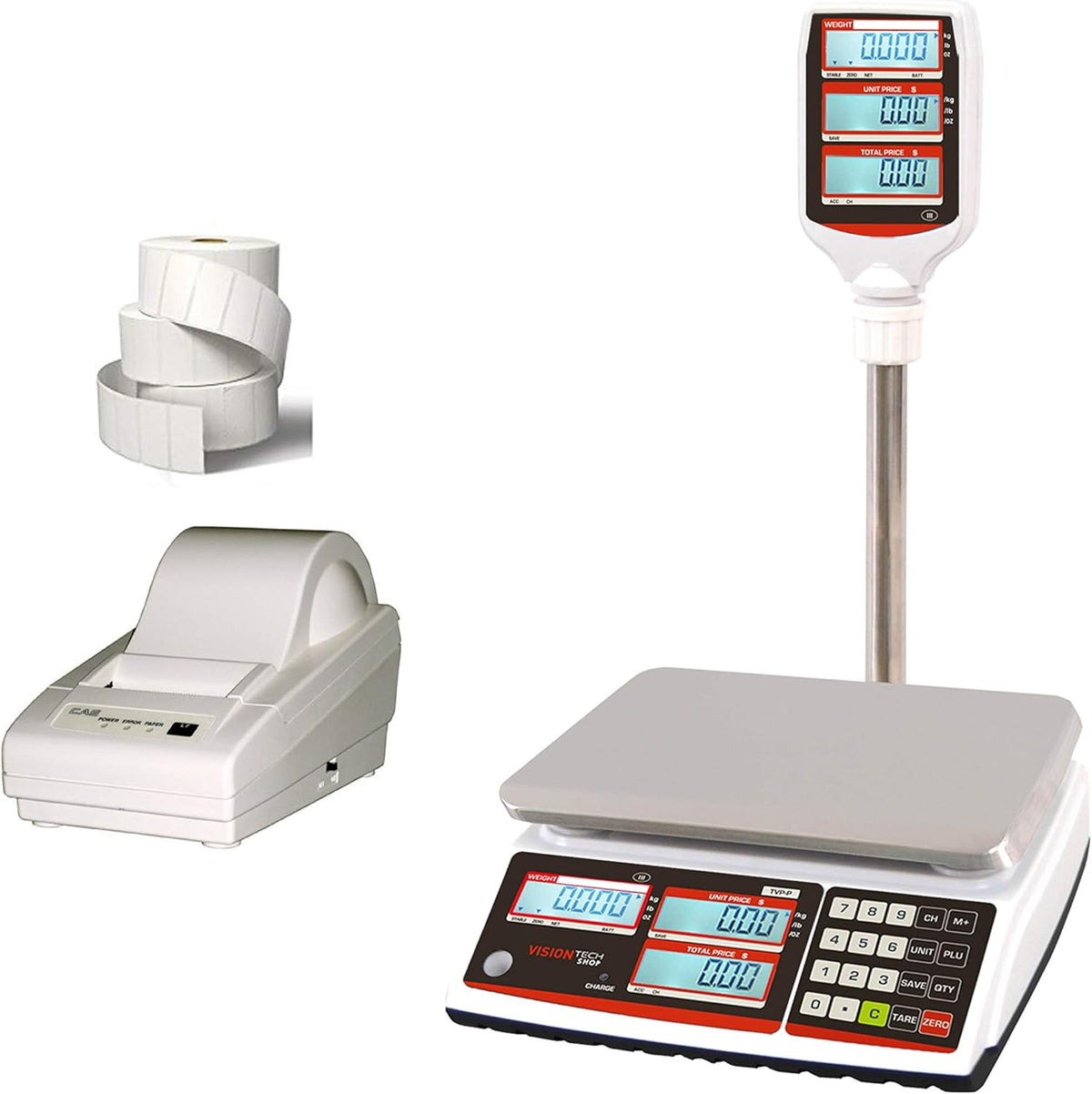 Price Computing Scale with Pole Display, 12lb Capacity, 0.002lb Readability, Thermal Label Printer, 1 Case of Labels A1119