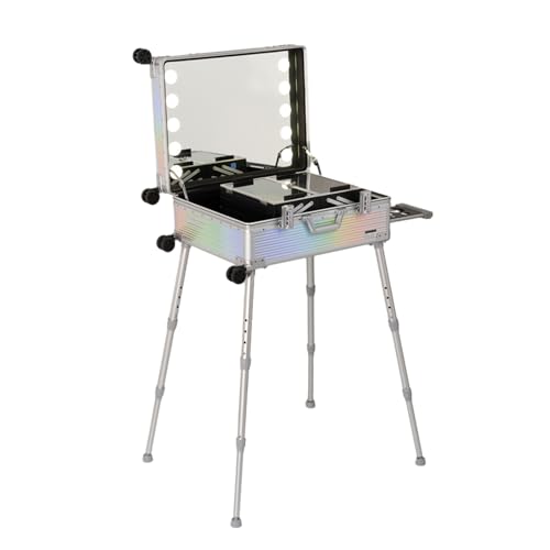 Silver Stripe Aluminum Rolling Makeup Train Case with Lighted Mirror A326718