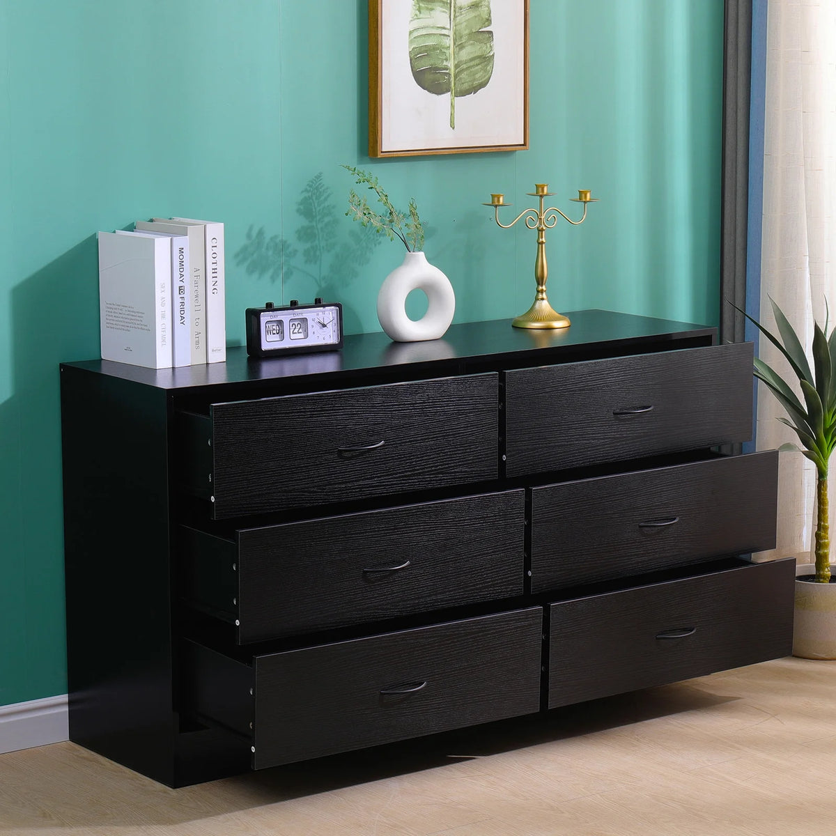 Black 6 Drawer Wood Dresser B9936