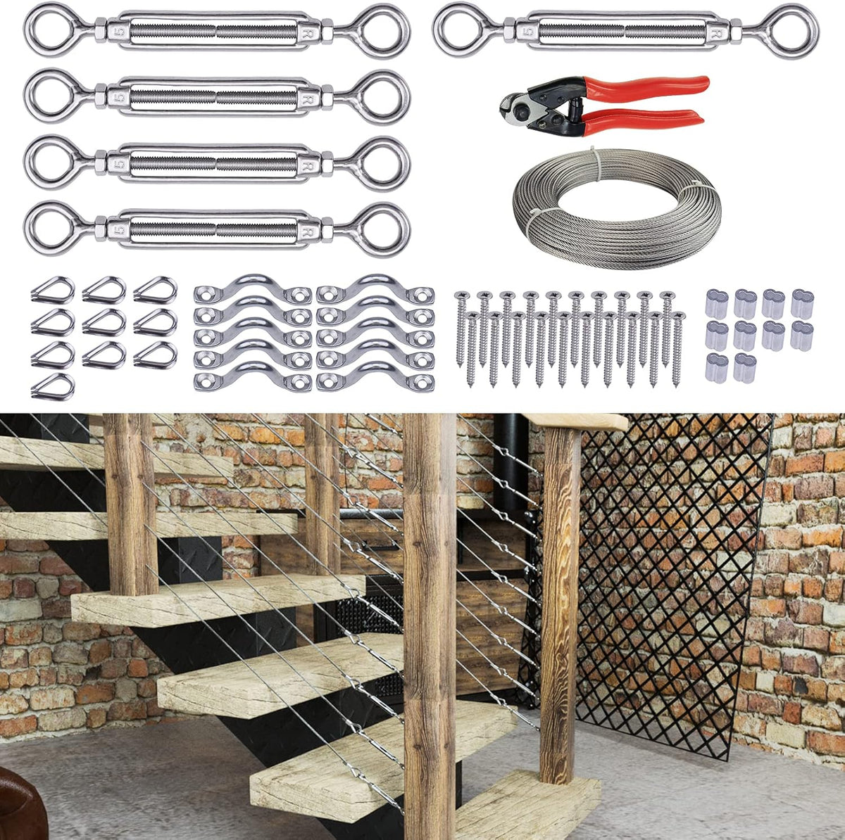 5Set 1/8 Cable Railing Kit Hardware Turnbuckle M5 Eye to Eye and 165' Wire Rope for Wood Post Stainless Steel Angle Adjustable 5 Cable Lines Z813