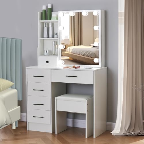 White Vanity Desk with Makeup Mirror and 10 Lights, 3 Color Mode Dimmable Sliding Lighted Mirror, 6 Large Drawers and 3 Level Storage Shelves, Upholstered Stool P303596