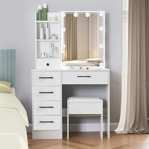 White Vanity Desk with Makeup Mirror and 10 Lights, 3 Color Mode Dimmable Sliding Lighted Mirror, 6 Large Drawers and 3 Level Storage Shelves, Upholstered Stool P303596
