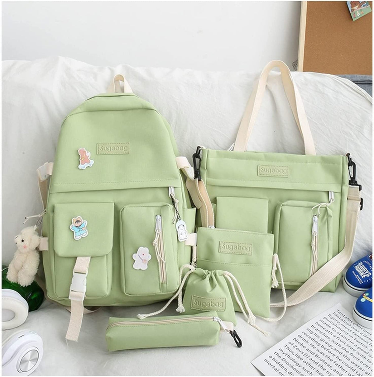 5Pcs Backpacks Combo Set with Bear Pendant & Pins Z438