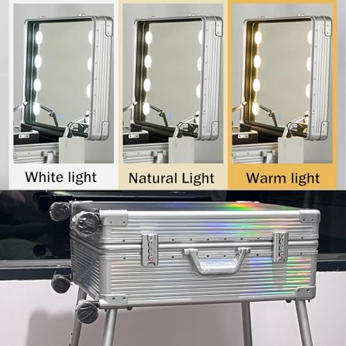 Silver Stripe Aluminum Rolling Makeup Train Case with Lighted Mirror A326718