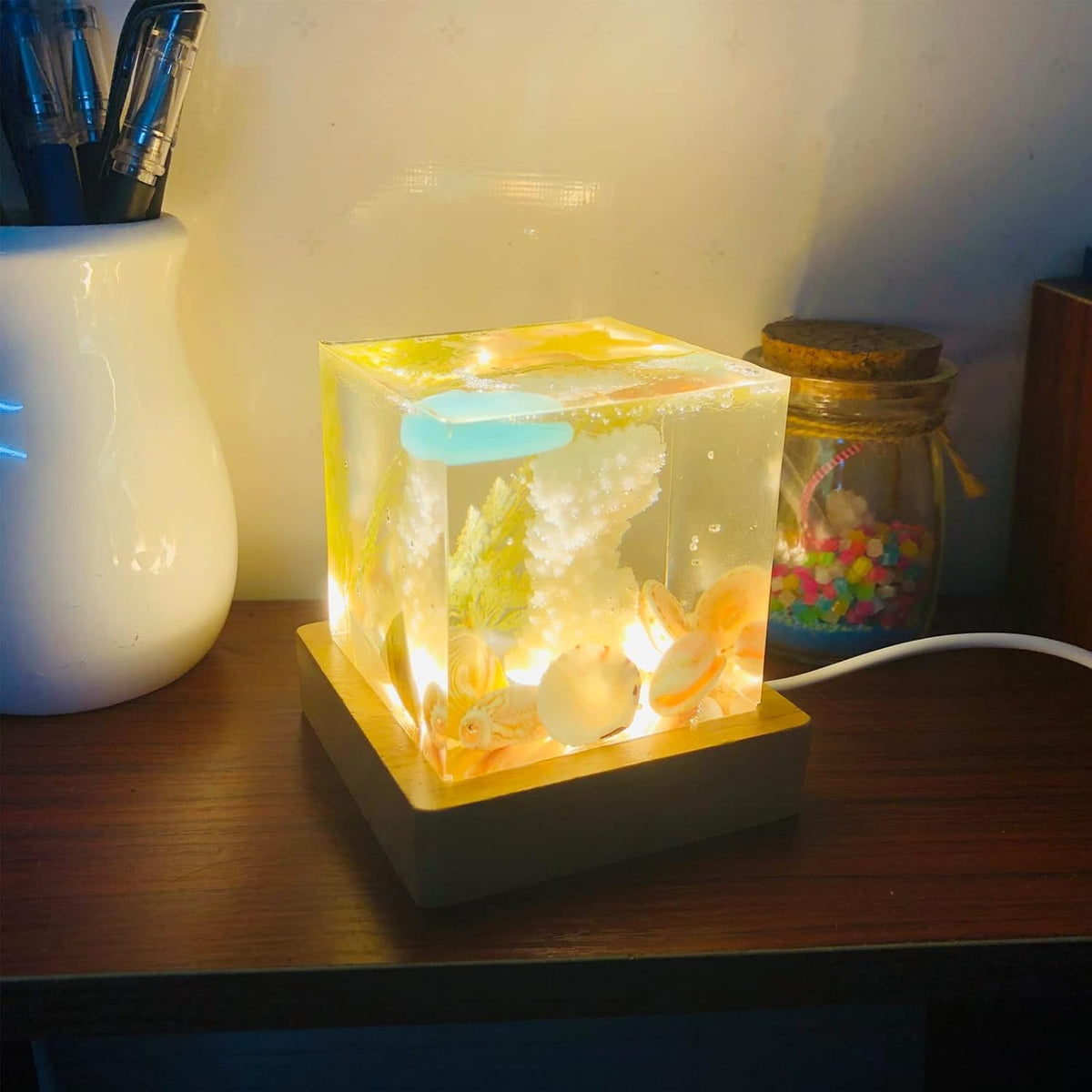Large Cube LED Silicone Molds with USB Powered Wooden Lighted Base H12078