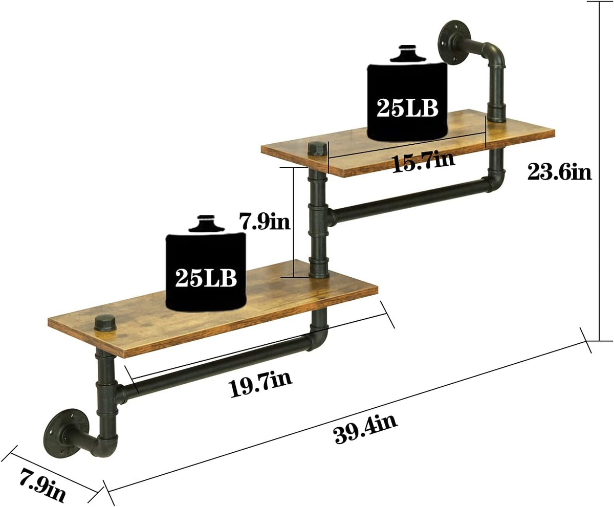 Rustic 2 Tier Wall Mounted Metal Shelves with Towel Bars F619