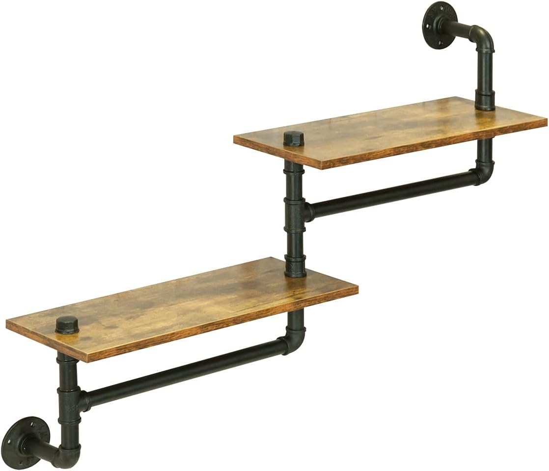 Rustic 2 Tier Wall Mounted Metal Shelves with Towel Bars F619