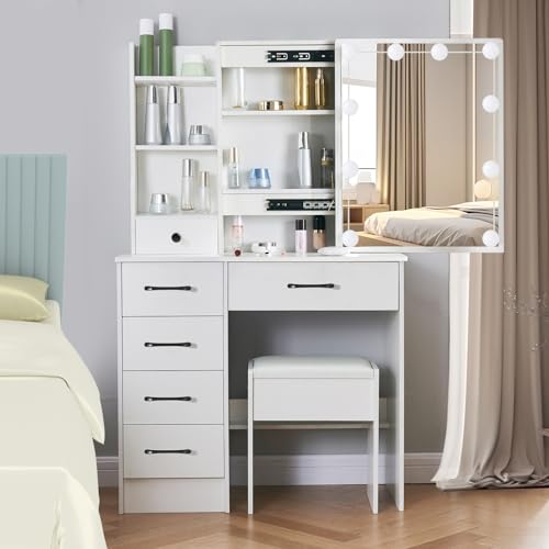 White Vanity Desk with Makeup Mirror and 10 Lights, 3 Color Mode Dimmable Sliding Lighted Mirror, 6 Large Drawers and 3 Level Storage Shelves, Upholstered Stool P303596