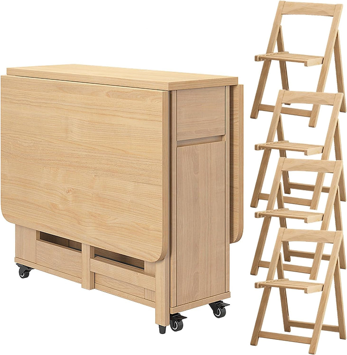 Folding Dining Table with 4 Chairs and Storage Drawers Wood Drop Leaf Dining Table Set W43488