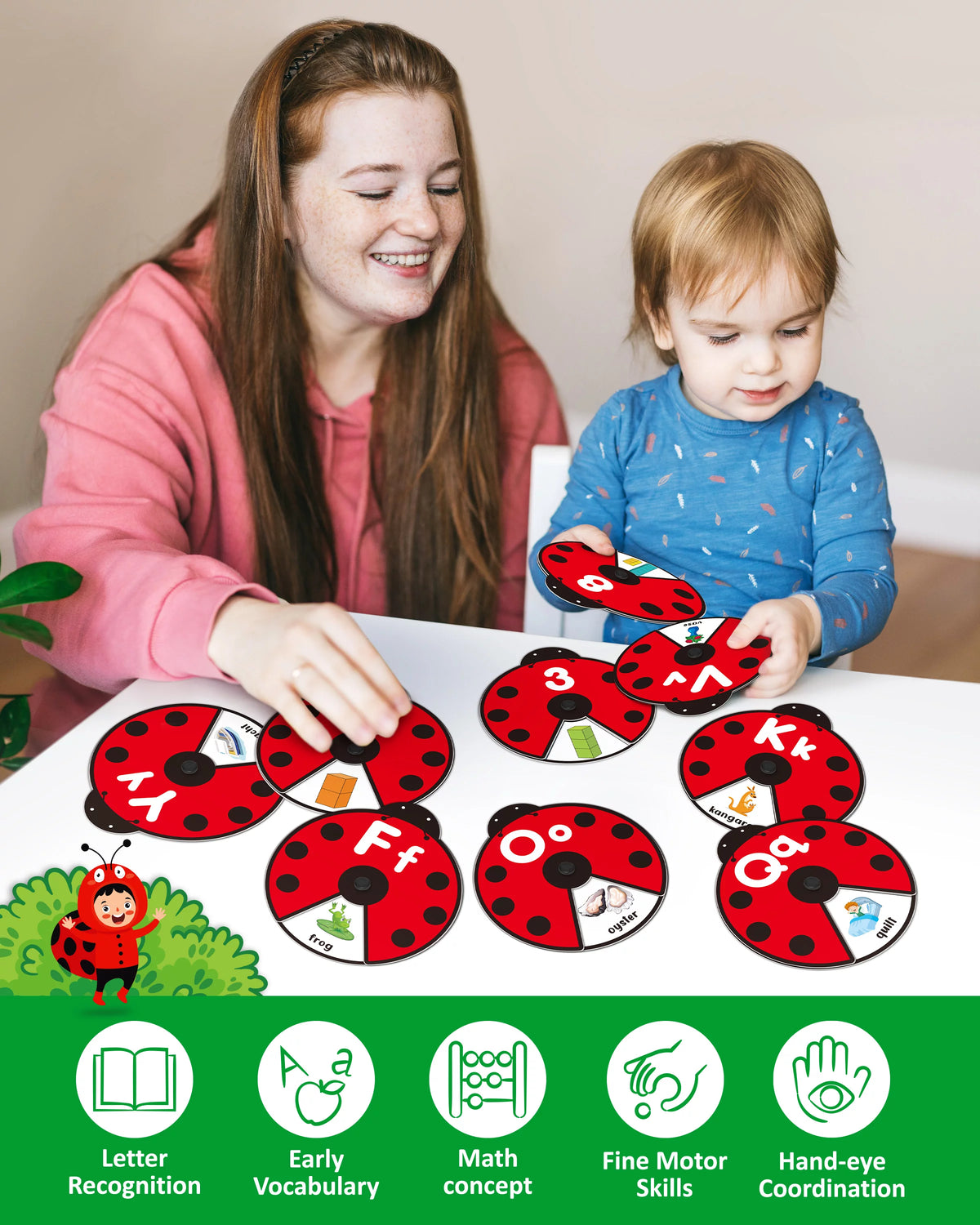 Interactive Alphabet Learning Toy, ABC Number Letters Spinning Game, Sight Words Animal Pattern Ladybug Cards, Montessori Educational Toy for 3 4 5 Year Old Baby Toddlers J496