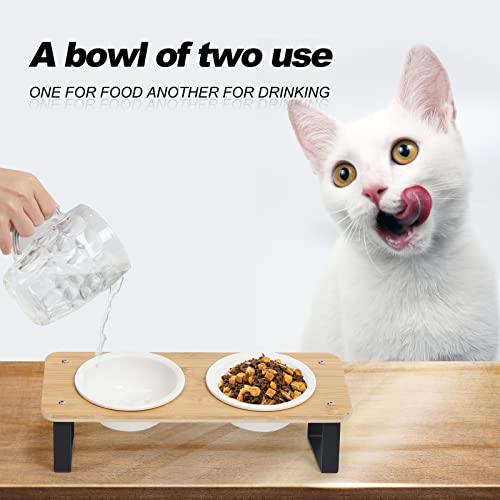 Ceramic Cat Bowl with Stand 15° Tilted Raised Cat Bowl Bamboo Cat Feeding Station X248674