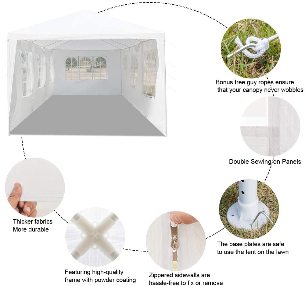 White 10'x30' Outdoor Canopy Tent with 7 Removable Walls T7615