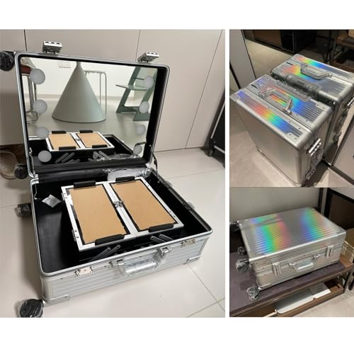 Silver Stripe Aluminum Rolling Makeup Train Case with Lighted Mirror A326718