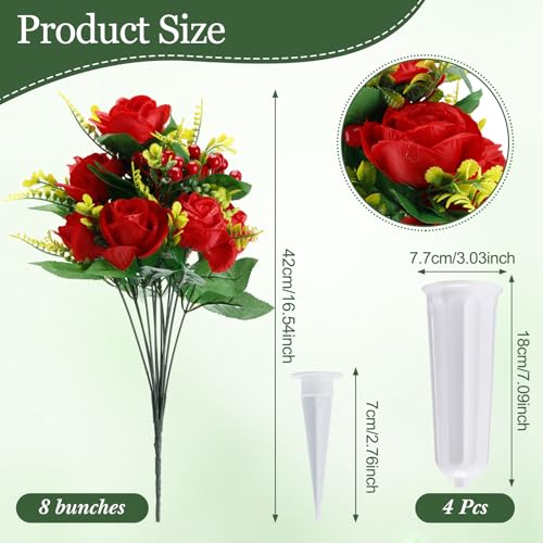 8 Bunches Silk Artificial Rose Bouquet with Grave Vase (White, Red) I2282