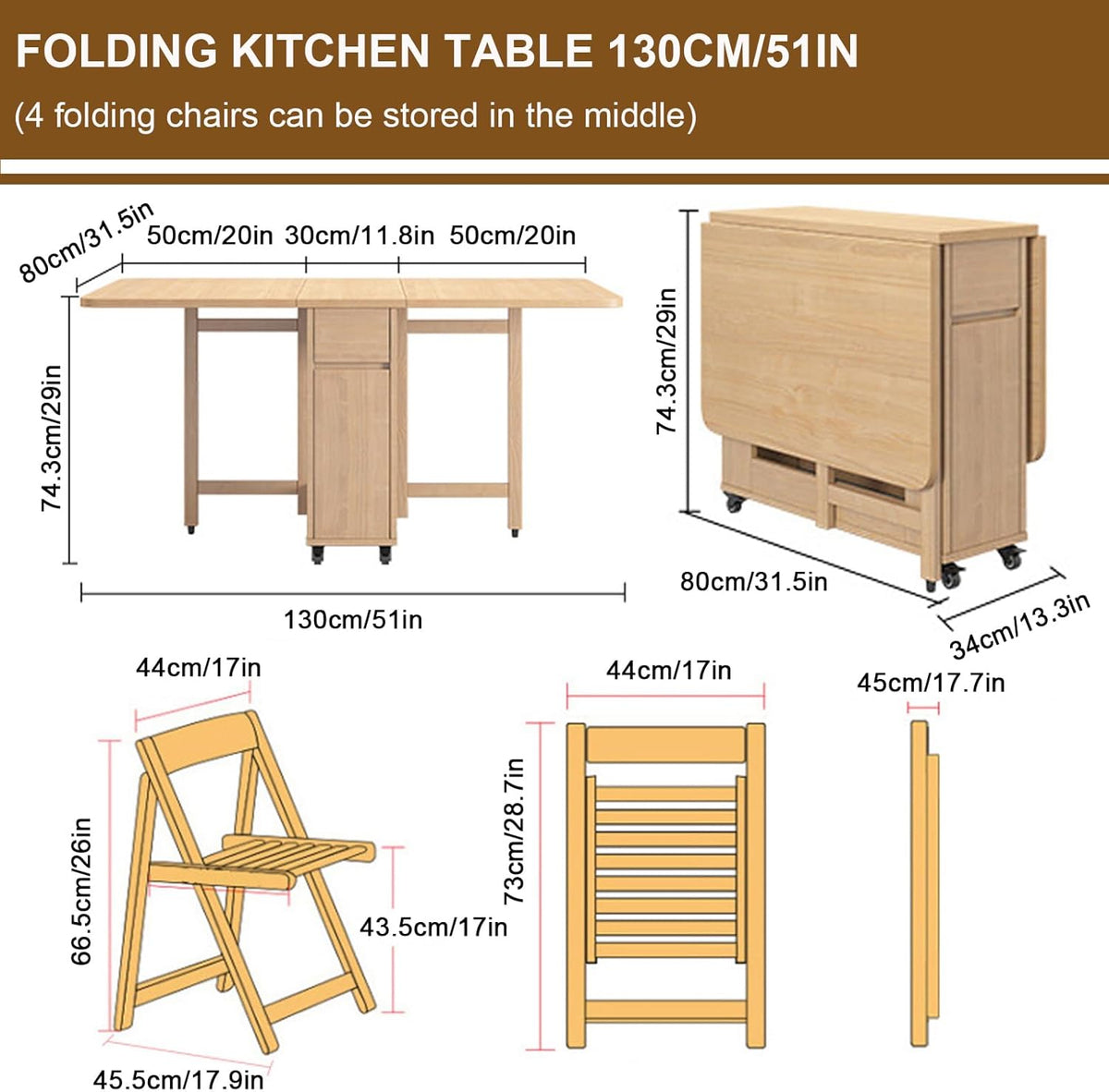 Folding Dining Table with 4 Chairs and Storage Drawers Wood Drop Leaf Dining Table Set W43488