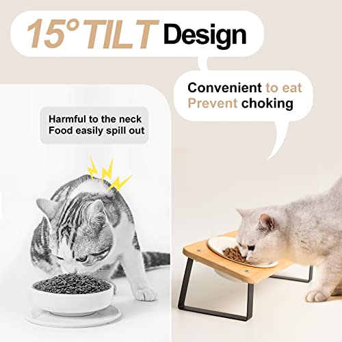 Ceramic Cat Bowl with Stand 15° Tilted Raised Cat Bowl Bamboo Cat Feeding Station X248674