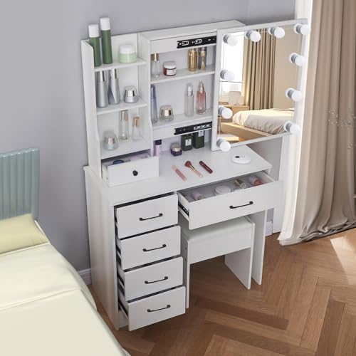 White Vanity Desk with Makeup Mirror and 10 Lights, 3 Color Mode Dimmable Sliding Lighted Mirror, 6 Large Drawers and 3 Level Storage Shelves, Upholstered Stool P303596
