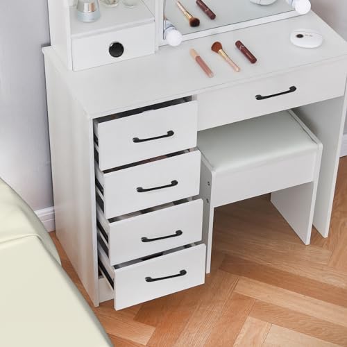 White Vanity Desk with Makeup Mirror and 10 Lights, 3 Color Mode Dimmable Sliding Lighted Mirror, 6 Large Drawers and 3 Level Storage Shelves, Upholstered Stool P303596