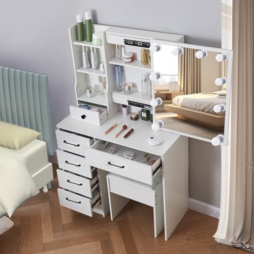 White Vanity Desk with Makeup Mirror and 10 Lights, 3 Color Mode Dimmable Sliding Lighted Mirror, 6 Large Drawers and 3 Level Storage Shelves, Upholstered Stool P303596