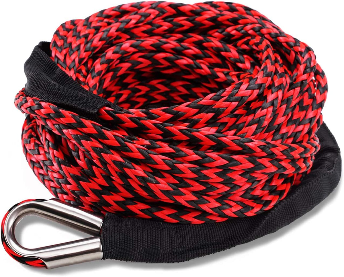 Synthetic Winch Rope, 3/8 x 95' 25000 LBs 12 Strands Red & Black with Hook and Protective Sleeve N70143